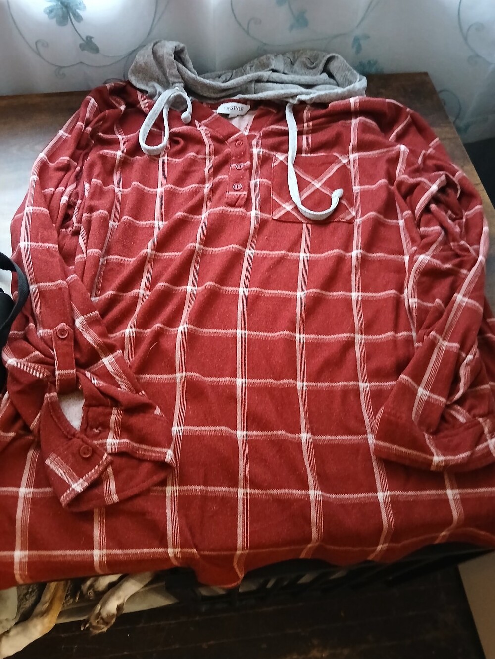 Women's Rust Plaid Hooded Henley Shirt